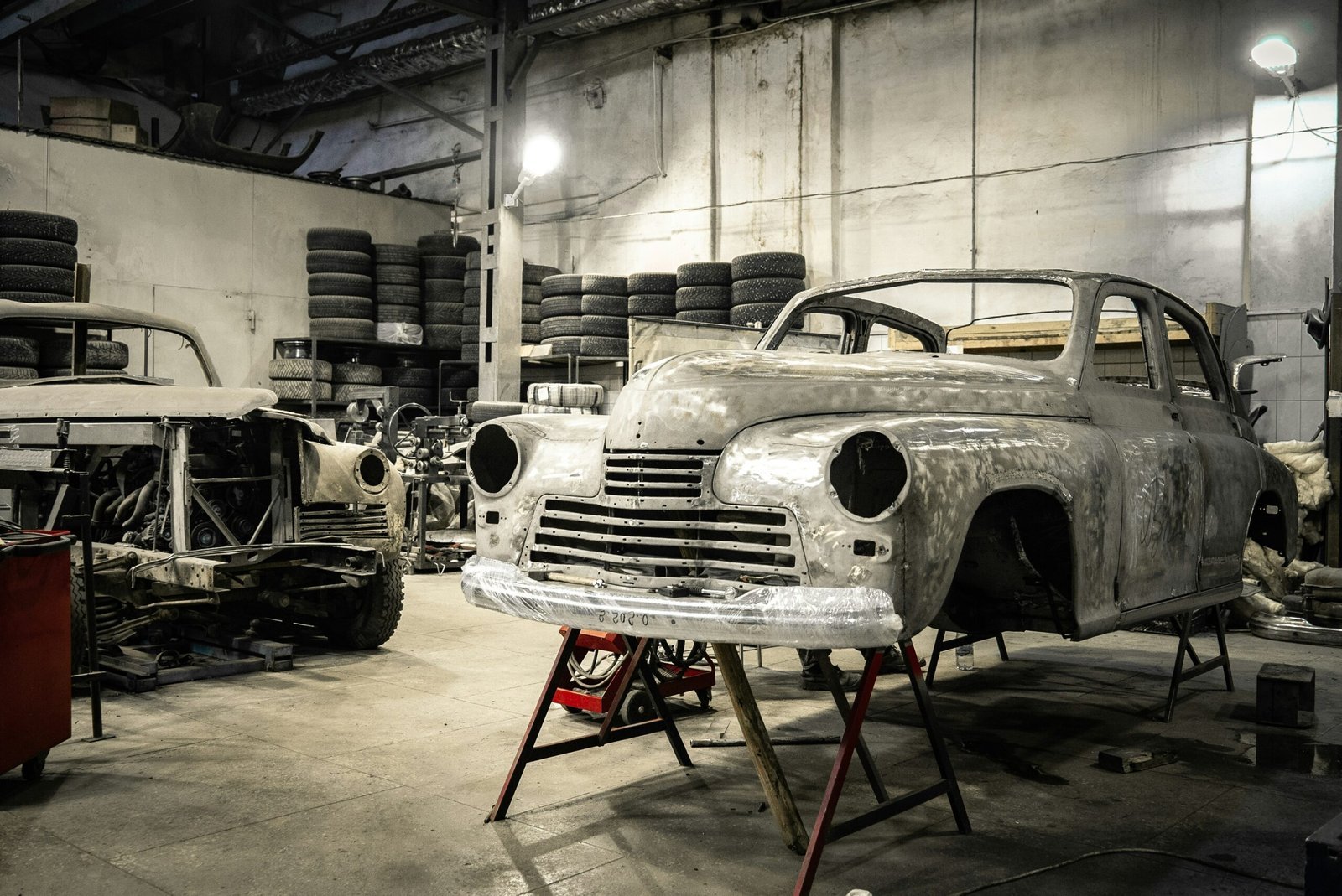 white vintage car in garage